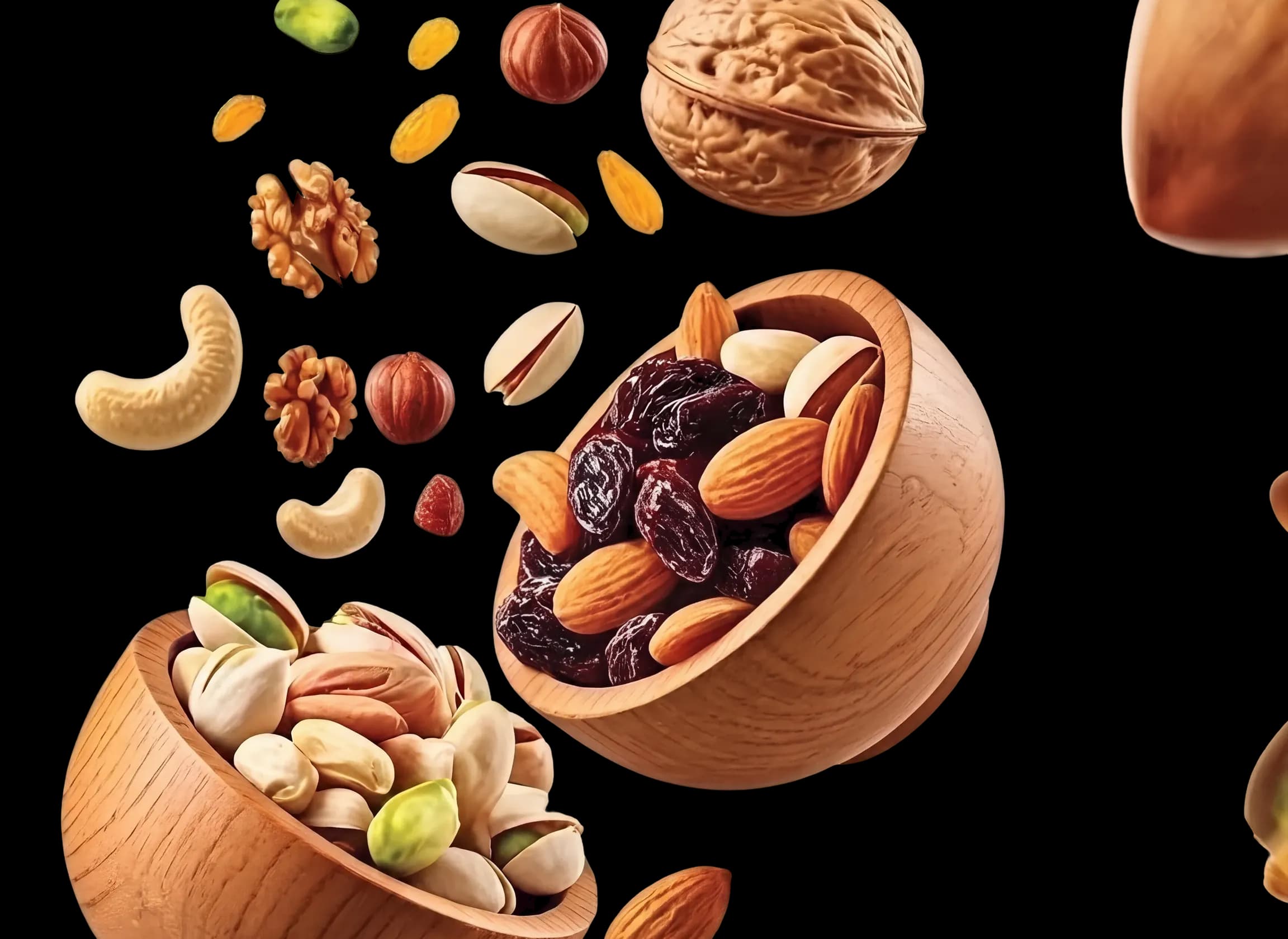 Wooden bowls of pistachios, almonds, and raisins with nuts in motion