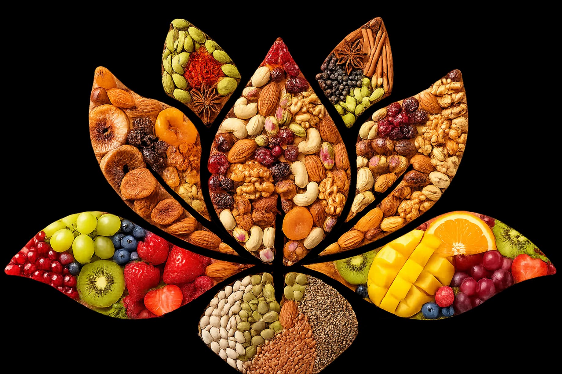 Lotus mosaic of nuts, spices, dried fruits, and seeds